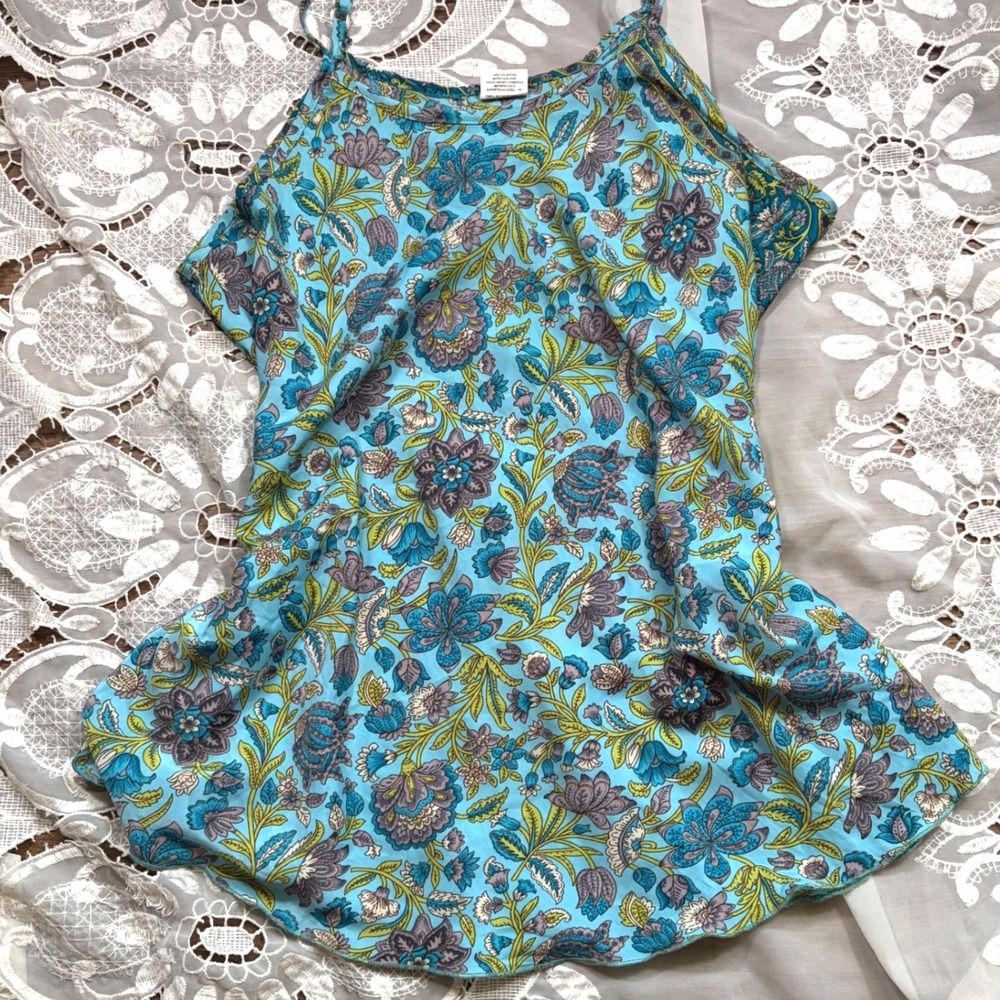Y2K Fairy Cottage Floral Camisole Top Blue Boho Spaghetti Strap Tank Size M/G